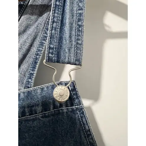 REVOLT Vintage 90's Bib Overalls Logo Pockets Denim Shorts Adjustable Medium Blue