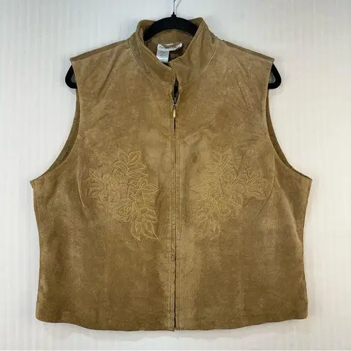 Coldwater Creek Vintage Suede Leather Vest X-Large Floral Embroidery Full Zip
