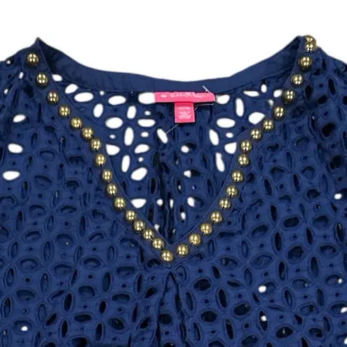 LILLY PULITZER Target Navy BLUE Eyelet SWIMWEAR COVERUP Top with Gold Detail XS