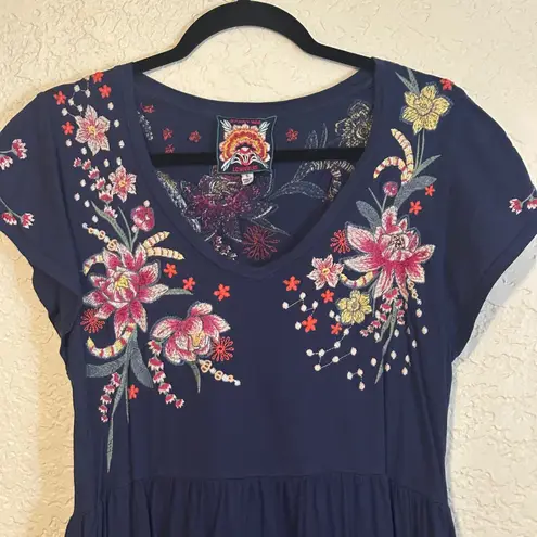 Johnny Was Jessica Tiered Bird Floral Embroidered Midi Dress In Deep Navy Small