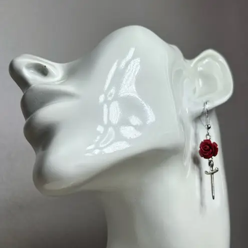 Dainty Rose and Silver tone Sword dangle Earrings Gray