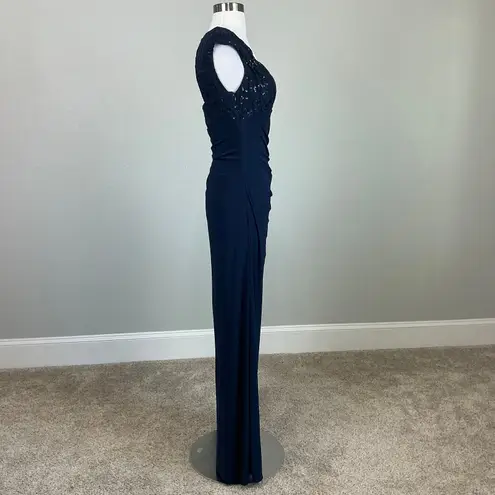 Betsy and Adam Sequined Lace Embellished Long Column Evening Gown Navy Blue Size 8