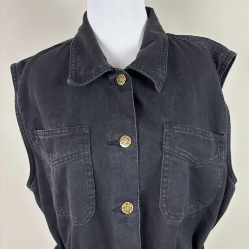 Vintage 90s Denim & Co Denim Vest Womens Large Black Belted Button Up Pockets L