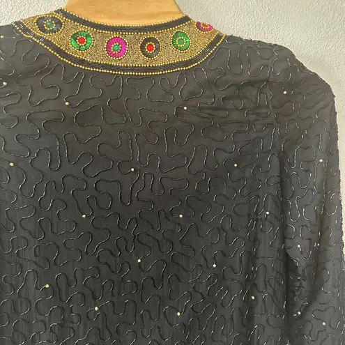 Laurence Kazar Beaded Silk Jacket Embellished Party Evening Top Black Medium