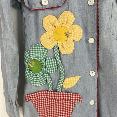 Vintage Size 10 70s Daisy Appliqué Chambray Shirt Embroidered 3D Flowers Button Blue