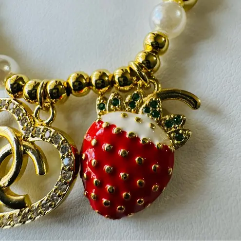 Gold and White Pearl Bracelet with Heart and Strawberry Charms Adjustable