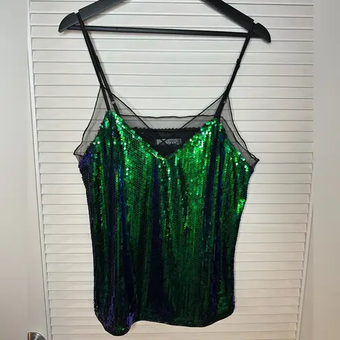 Allegra K 💚🆕 Iridescent Green and Blue Sequin Lace Trim Tank Top ✨NWT✨