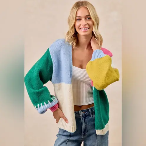 BiBi Color Block Open Front Sweater Cardigan