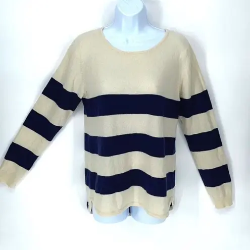 Two Bees Cashmere Womens Stripe Crew Neck Long Sleeve Sweater Cream Blue Medium