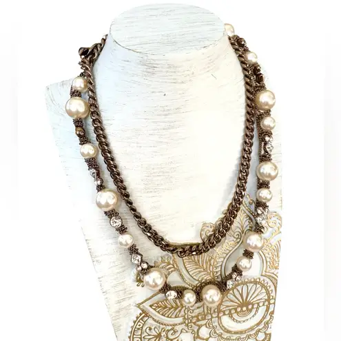 Givenchy Faux Pearl and Crystal Layered Bronze Necklace w Signed Toggle Clasp