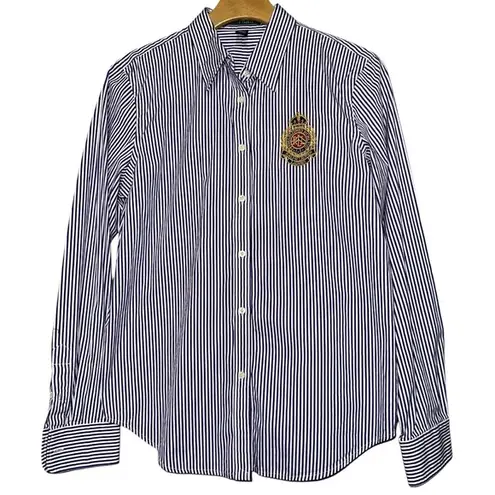 Lauren Ralph Lauren M Purple White Striped Gold Embroidered Button Down Shirt Size M
