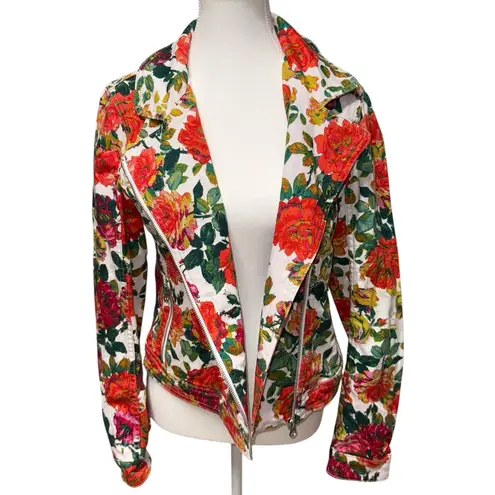 Pilcro x The Letterpress by Anthropologie Floral Denim Moto Jacket Red