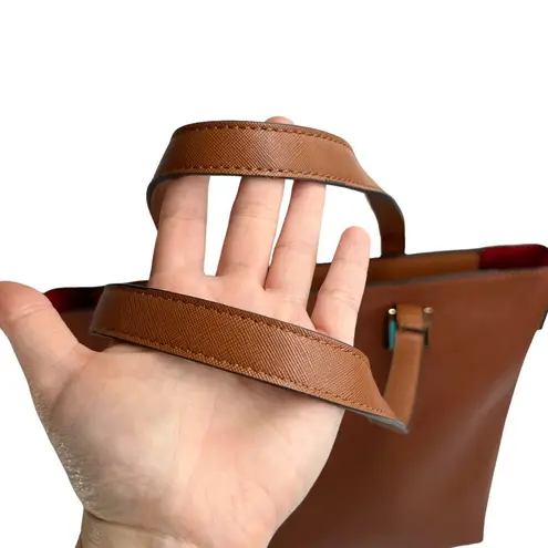 Faux Leather Brown Double Handle Red Lined Tote Bag Purse