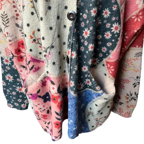 Yesno Button Down Oversized Cotton/Wool Blend Boho Patchwork Print Cardigan