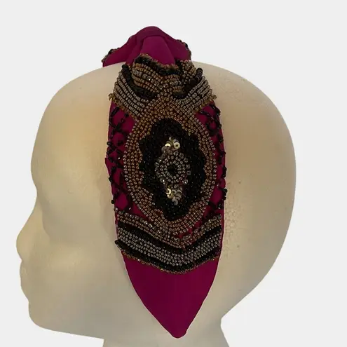 Mexican Beaded Padded Headband Fuchsia Turban Style Boho Embroidered Accessory Black