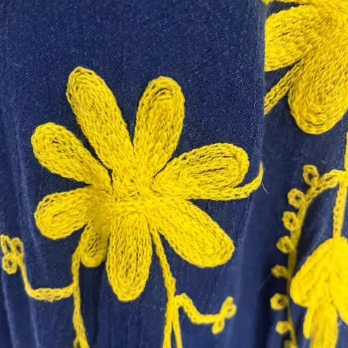 Riviera Sun Embroidered Denim Maxi Dress Sz S Festival Pom Poms Hanky Hem Boho Blue