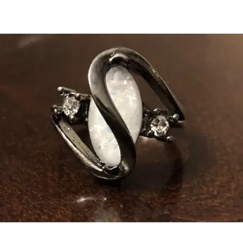 Marquise White Opal Black 925 Ring Size 6 1/2