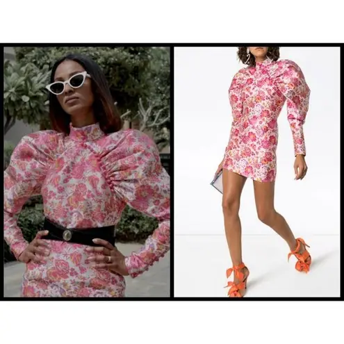 💕ROTATE💕 Number 1 Floral Puff Sleeve Mini Dress ~ Raspberry Rose Combo White Size XS