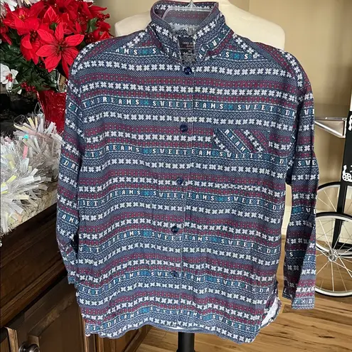Flannel Pajama Top Blue Fair isle Nordic Womens Medium Petite