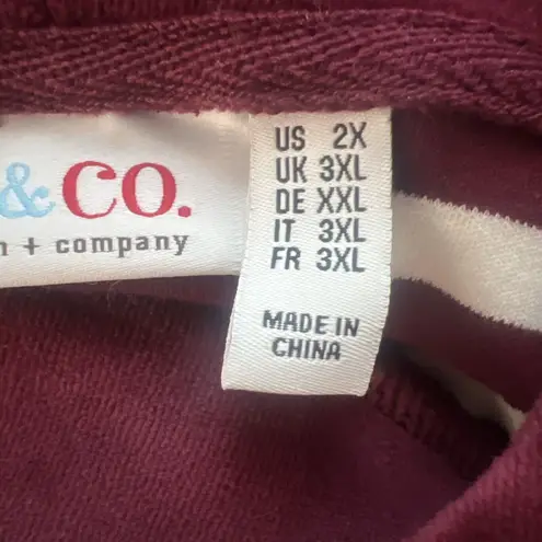 Denim & Co Shirt Women 2X Hoodie Burgundy White Stripe Velvet Casual Loungewear