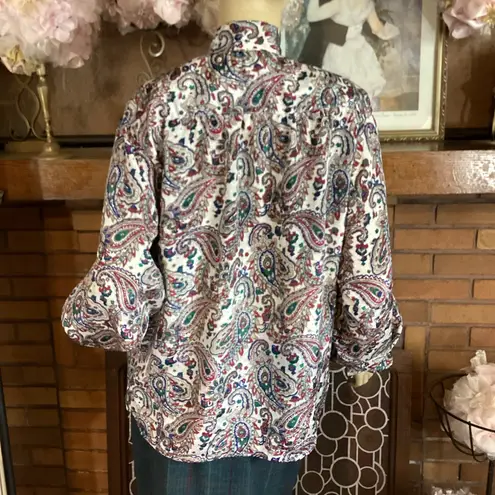 VINTAGE 1980'S ALFRED DUNNER RED, GREEN PAISLEY PRINT BLOUSE WITH BOW (16)