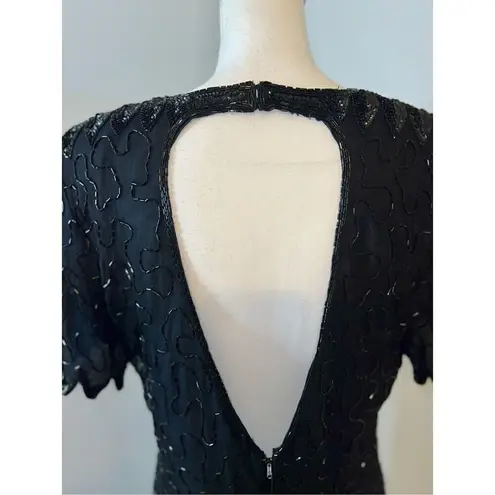 100% Silk Vintage Women’s Black Beaded Open Back MIDI Dress LARGE