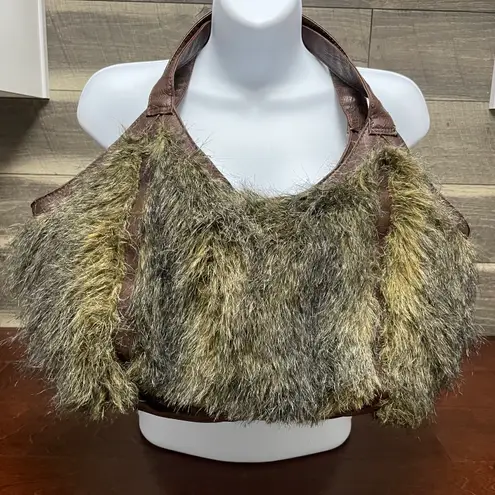 Bueno Cream Gray Brown Faux Fur Shaggy Hobo Purse Shoulder Bag