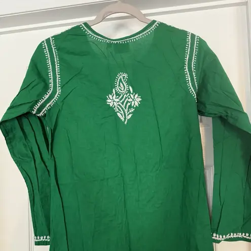 Madison Mathews NWOT Dress XS Kelly Green Embroidered Shift Cotton Kurti Slits