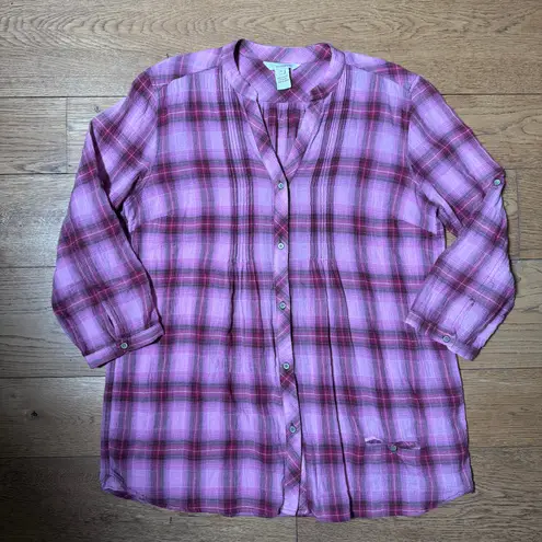 Sundance Pink Plaid Tunic SZ M Pintucks Long Sleeve Button Up Cotton Gauze