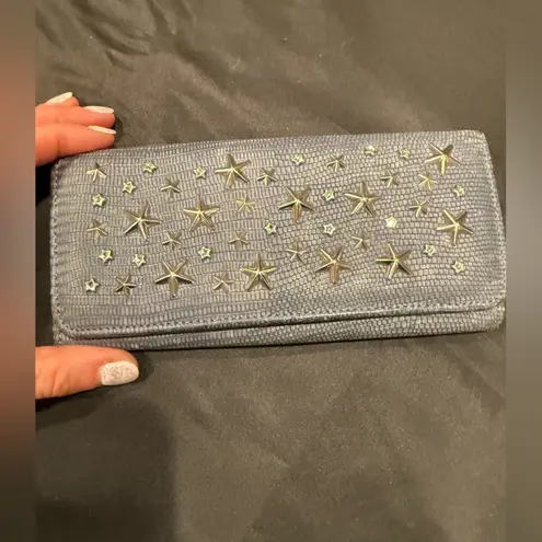 Jimmy Choo Long Wallet Silver Star-Studded with Rhinestones Blue Grey Leather