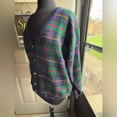 Vintage Lucia cotton blend blue plaid button down cardigan, size XL