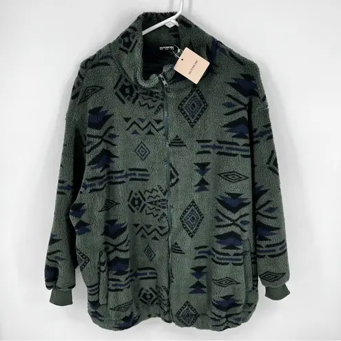 Bloomchic Green Black Sz 10 Aztec‎ Print Sherpa Fleece Jacket Full Zip Cozy Fall