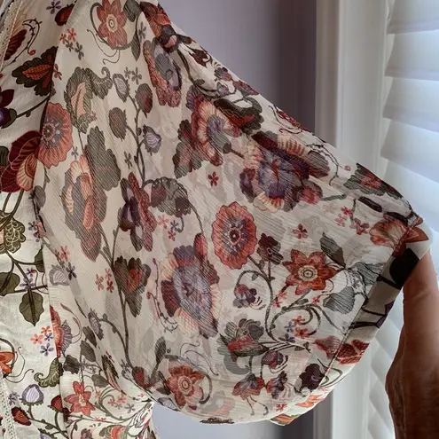 Karen Kane ivory, rust and purple floral print dolman sleeve semi sheer blouse M