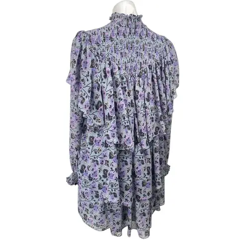 Cinq A Sept Drew Georgette Purple Floral Ruffle Tiered Long Sleeve Mini Dress 10