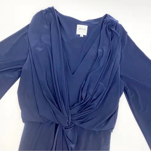 MISA Los Angeles Teget Draped Twist Front Bell Sleeve Mini Dress: Navy Blue