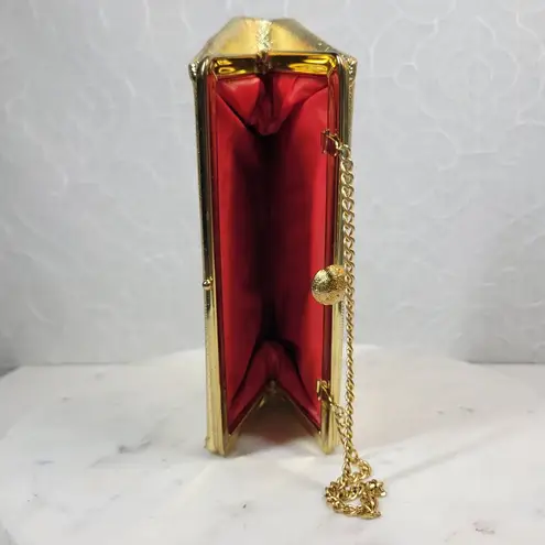VINTAGE Lame Clutch 9.5" Gold Chain Metal Clasp Retro Evening Handbag Purse