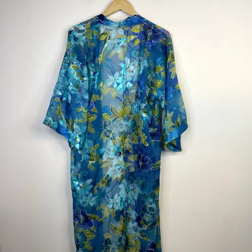 Vintage California Dynasty Sheer Floral Burnout Open Kimono Robe Duster womens S Blue