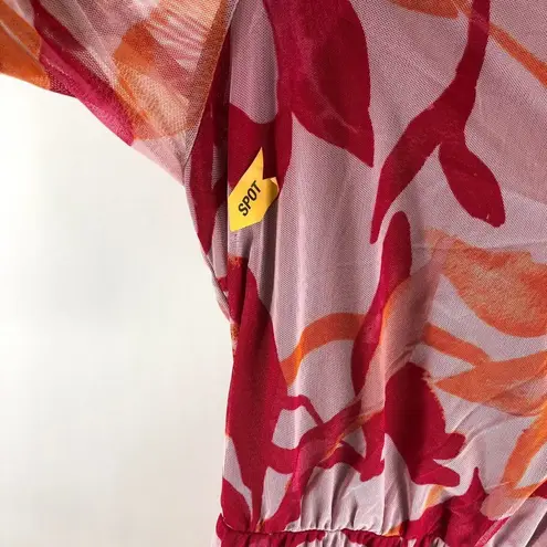 Leota Womens Midi Mesh Dress Leaf Print Short Sleeve V-Neck Ruffle Skirt Pink L