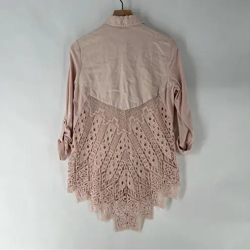 Soft Surroundings  Blush Linen Button Down See Through Lace Back‎ High Low Shirt
