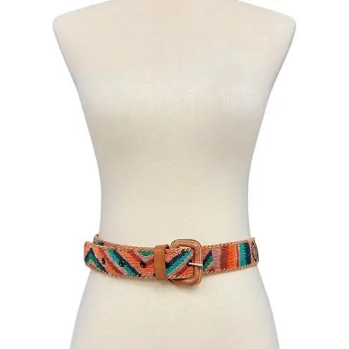 Vintage Woven Leather Belt Multicolor Southwestern Stripe Size 34 Boho Hippy EUC Orange