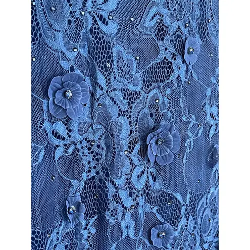 Mac Duggal Size 18 67711 NWT Blue Floral Applique Boat Neck Short Sleeve Gown