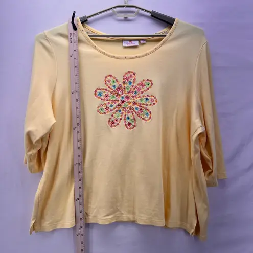 The Quacker Factory Womens Top Size 2X Whimsy Artwork Floral Mandala Rhinestones Yellow