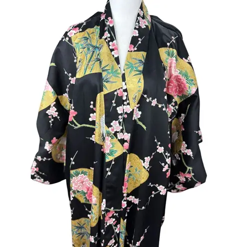 NEW Smithsonian S Black Kimono Robe Floral Fan Crane Yukata Made Japan