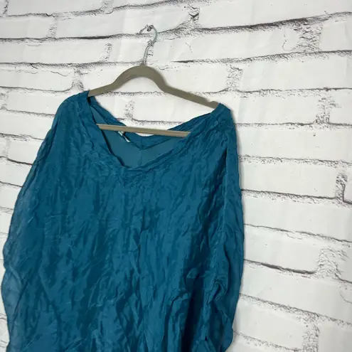 Tempo Paris Teal Crinkle V-Neck Tunic Top Women’s S Boho Oversized Asymmetrical