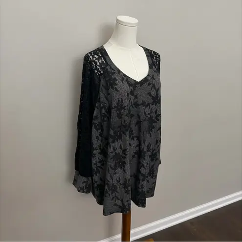 Cato  Top Sweater Henley Floral Lace Sleeves V Neck Comfy Lounge Soft Black Grey