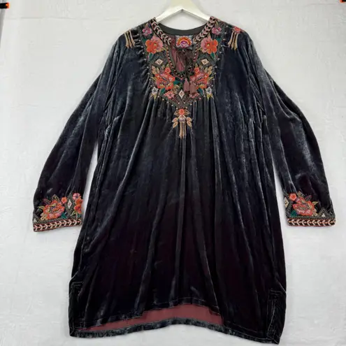 Johnny Was Embroidered Velvet Tunic Dress XL Floral Long Sleeve Tassels READ
