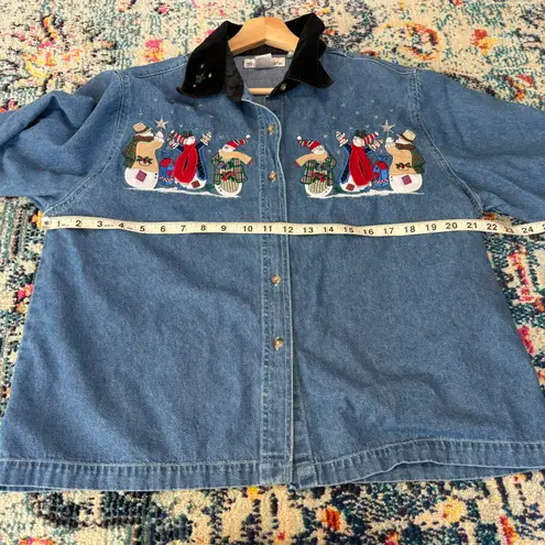 Dress Barn  vintage Christmas snowmen button up Jean shirt with velvet collar