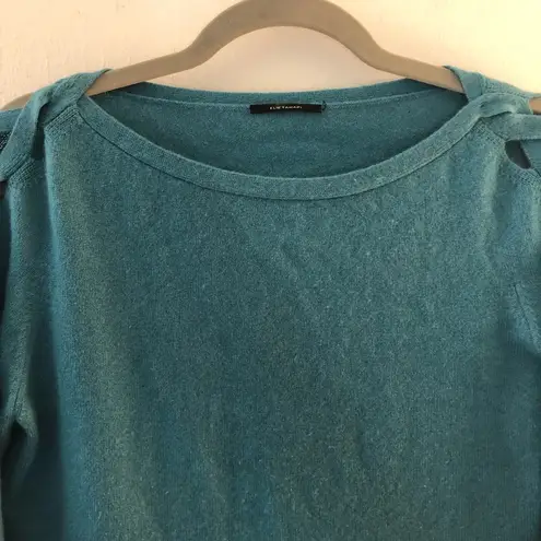Elie Tahari Cashmere Sweater Teal Braided Sleeve Boat Neck GUC Sz S (?) See Dsx
