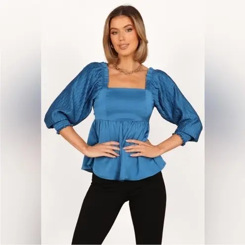 Petal and Pup Montana Blue Satin Square Neck Babydoll Top Back Tie Cut Out XS New