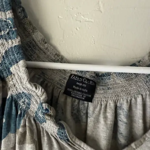 Faded Glory  Y2k Floral Smocked Top Gray‎ Blue Organic Cotton Size M